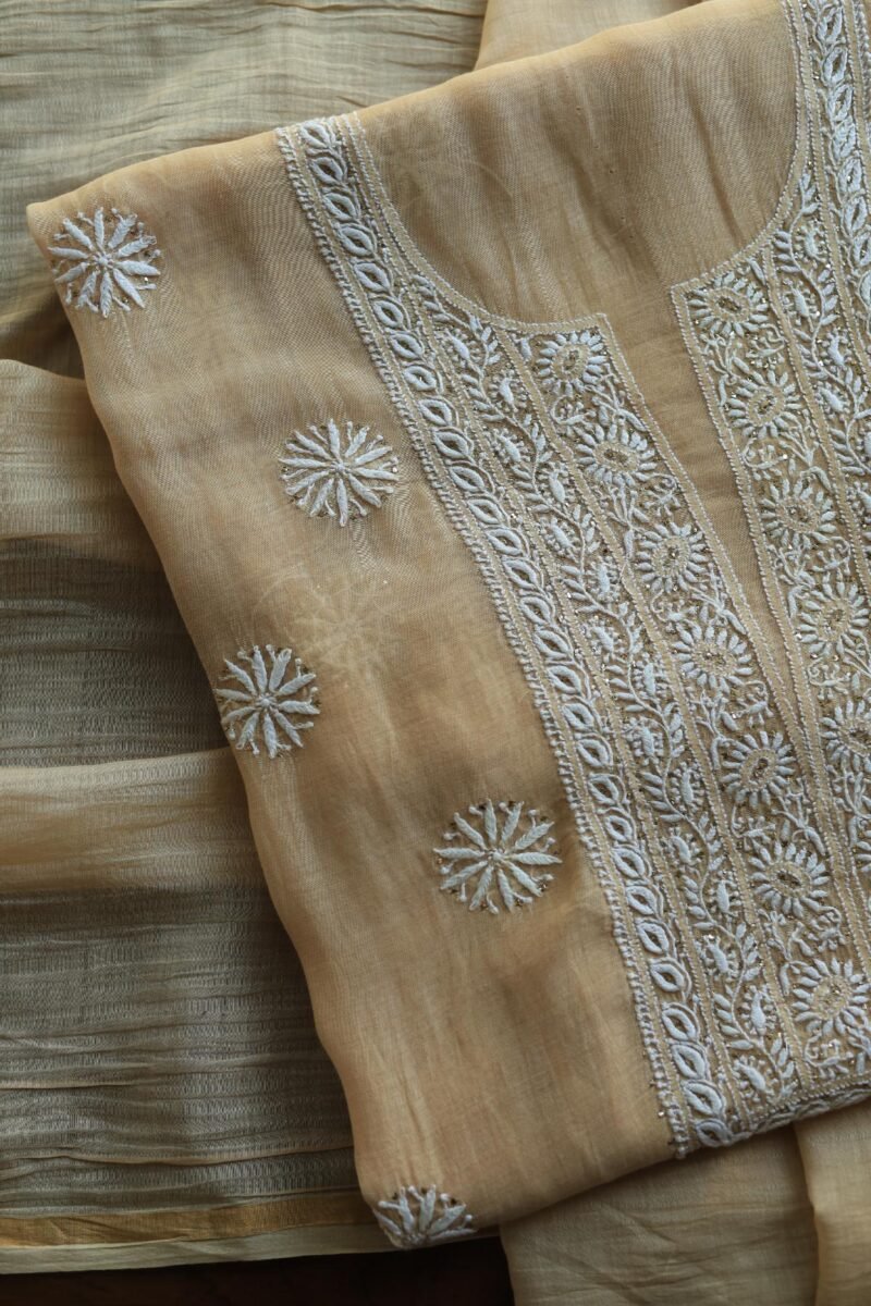 Beige Mal Cotton Chikankari Unstitched Kurta Dupatta Fabrics With Kamdani