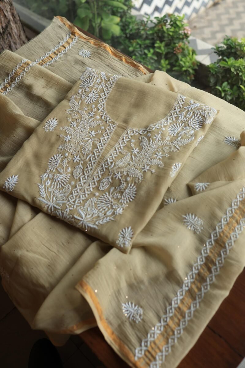 Beige Mal Cotton Chikankari Unstitched Kurta Dupatta Fabrics With Kamdani