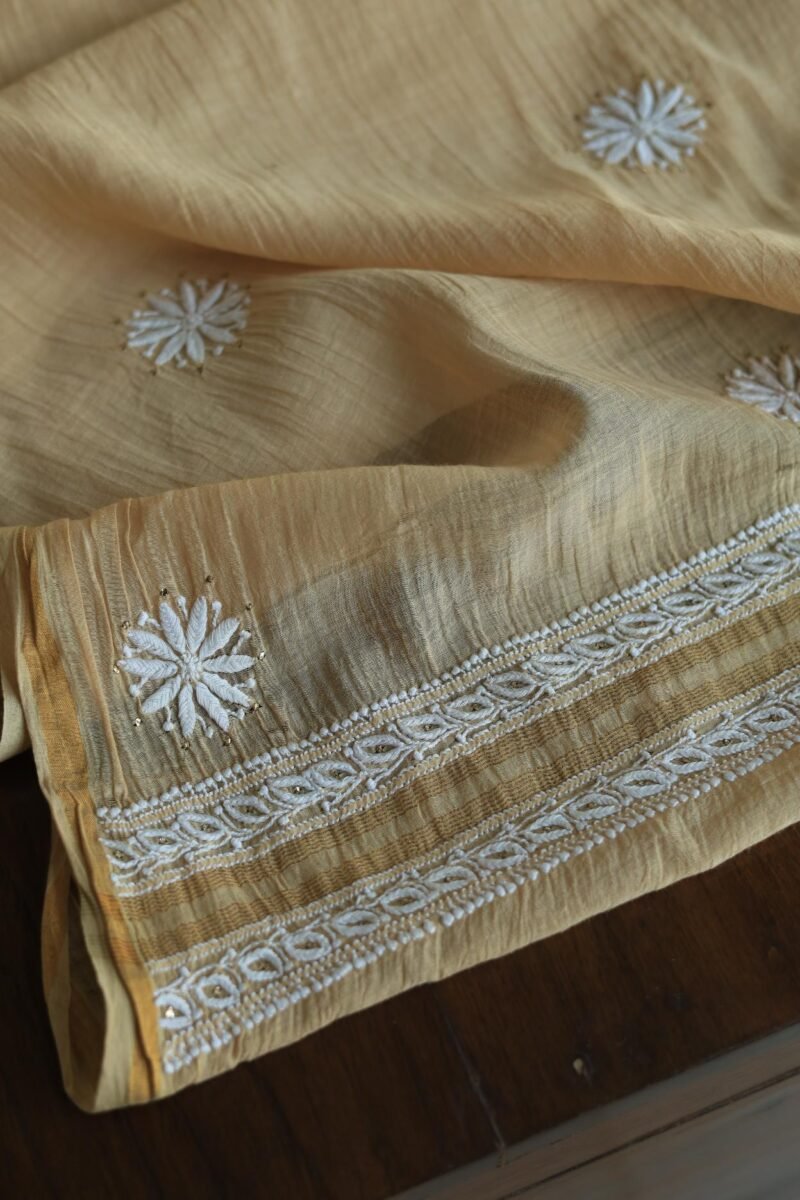 Beige Mal Cotton Chikankari Unstitched Kurta Dupatta Fabrics With Kamdani