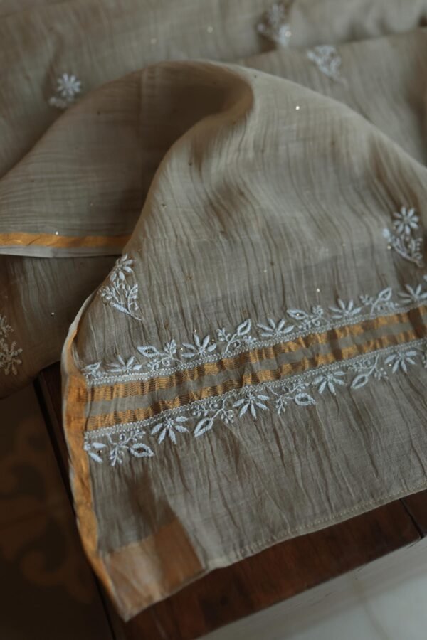 Beige Mal Cotton Chikankari Unstitched Kurta Dupatta Fabrics With Kamdani - Image 10