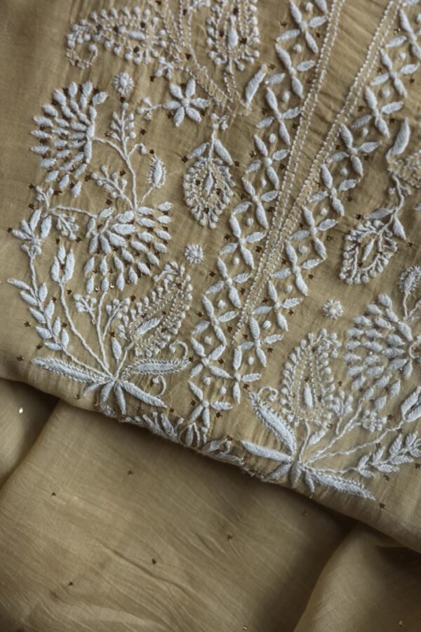 Beige Mal Cotton Chikankari Unstitched Kurta Dupatta Fabrics With Kamdani - Image 12
