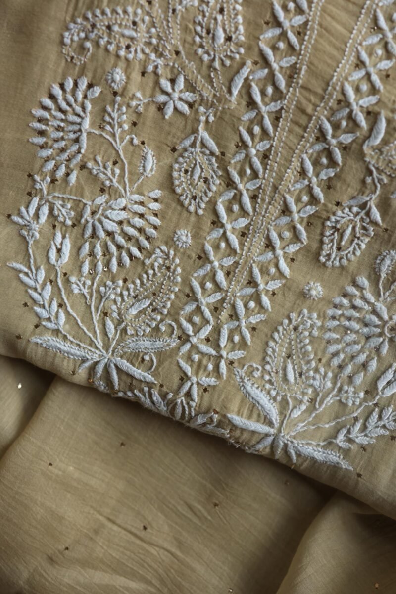 Beige Mal Cotton Chikankari Unstitched Kurta Dupatta Fabrics With Kamdani