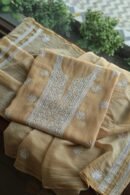 Beige Mal Cotton Chikankari Unstitched Kurta Dupatta Fabrics With Kamdani