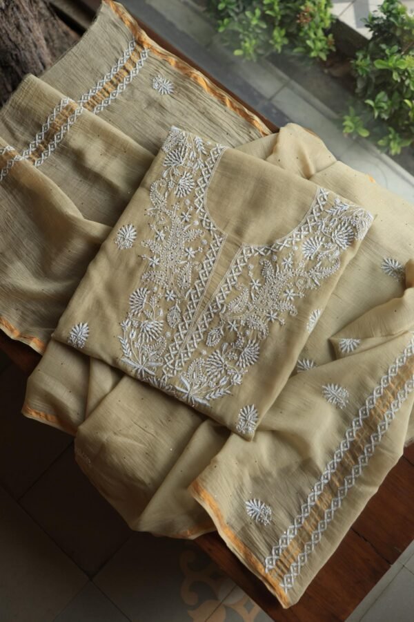 Beige Mal Cotton Chikankari Unstitched Kurta Dupatta Fabrics With Kamdani - Image 13