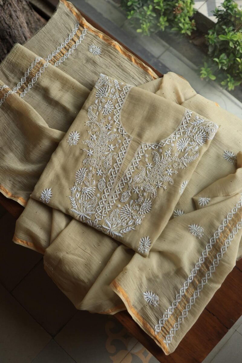 Beige Mal Cotton Chikankari Unstitched Kurta Dupatta Fabrics With Kamdani
