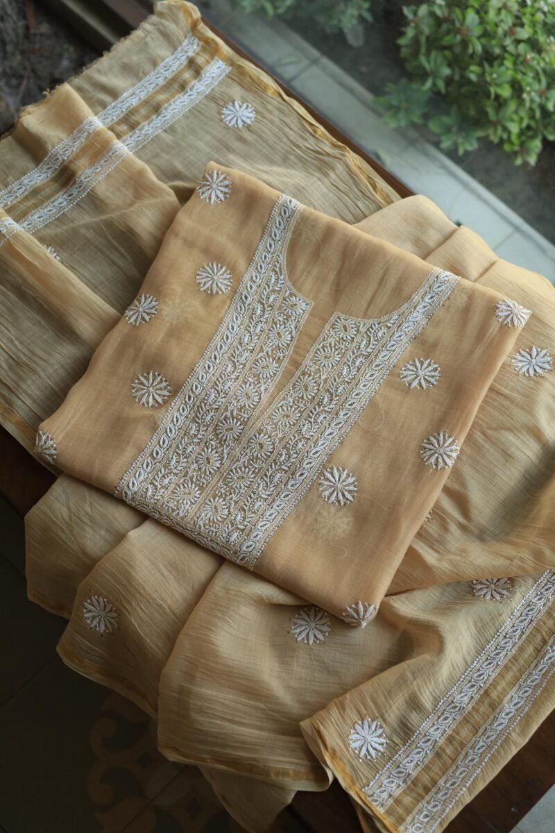 Beige Mal Cotton Chikankari Unstitched Kurta Dupatta Fabrics With Kamdani