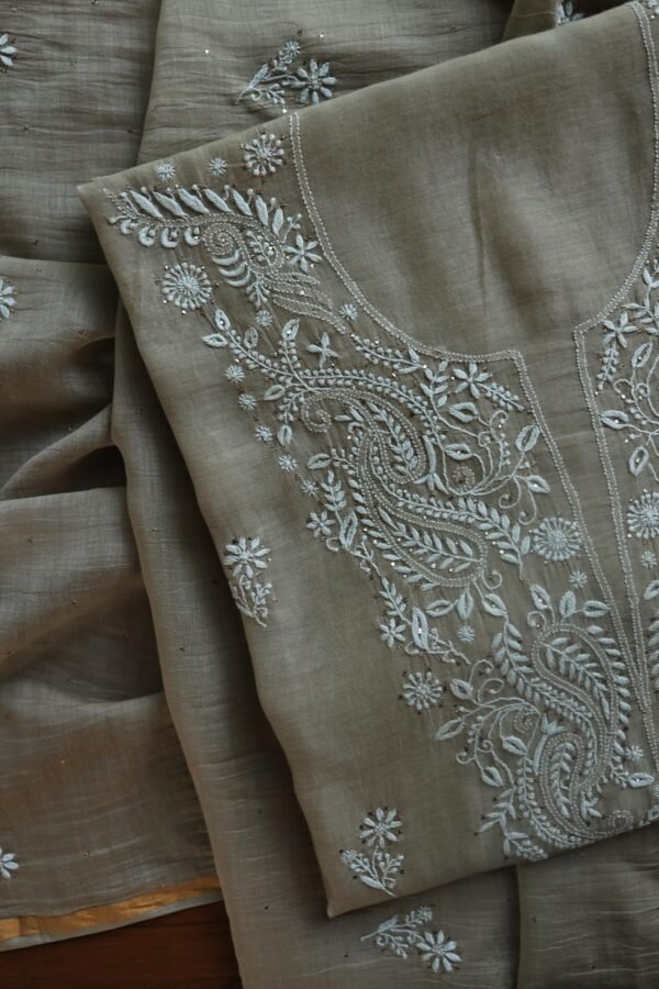 Beige Mal Cotton Chikankari Unstitched Kurta Dupatta Fabrics With Kamdani - Image 12