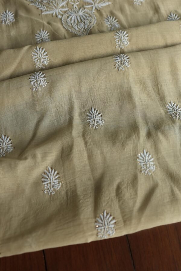 Beige Mal Cotton Chikankari Unstitched Kurta Dupatta Fabrics With Kamdani - Image 4