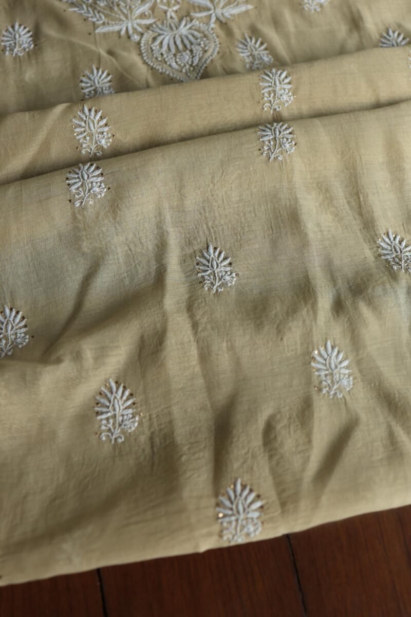 Beige Mal Cotton Chikankari Unstitched Kurta Dupatta Fabrics With Kamdani