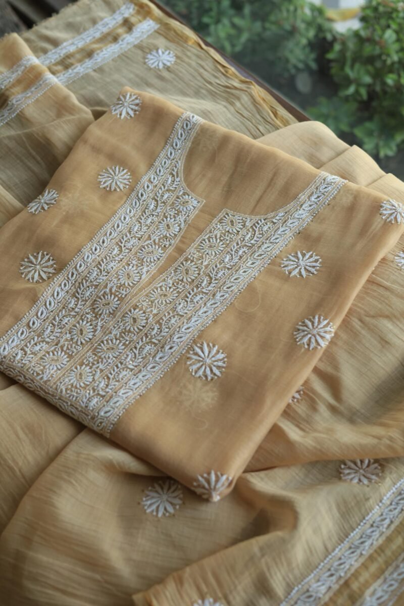 Beige Mal Cotton Chikankari Unstitched Kurta Dupatta Fabrics With Kamdani