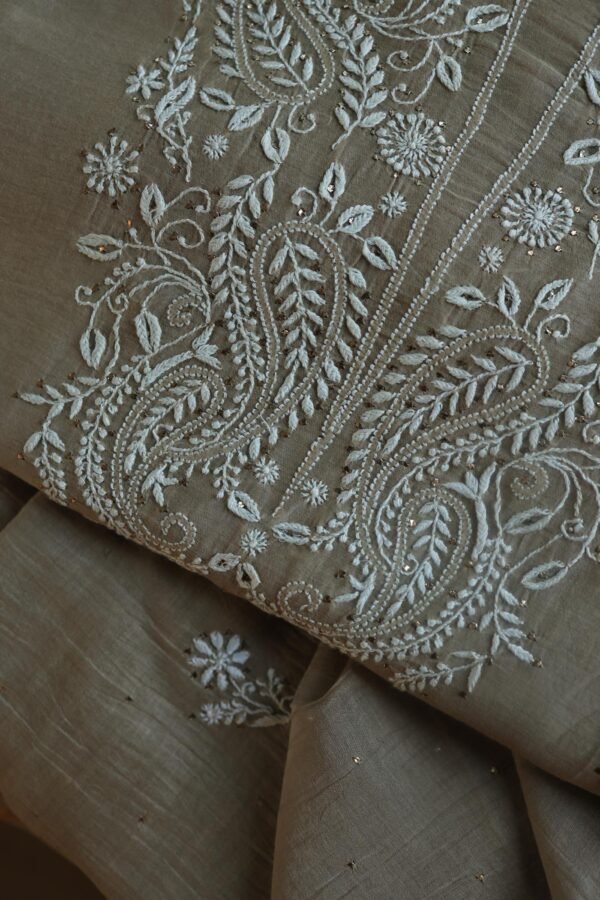 Beige Mal Cotton Chikankari Unstitched Kurta Dupatta Fabrics With Kamdani - Image 2