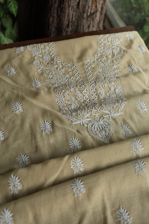 Beige Mal Cotton Chikankari Unstitched Kurta Dupatta Fabrics With Kamdani - Image 5