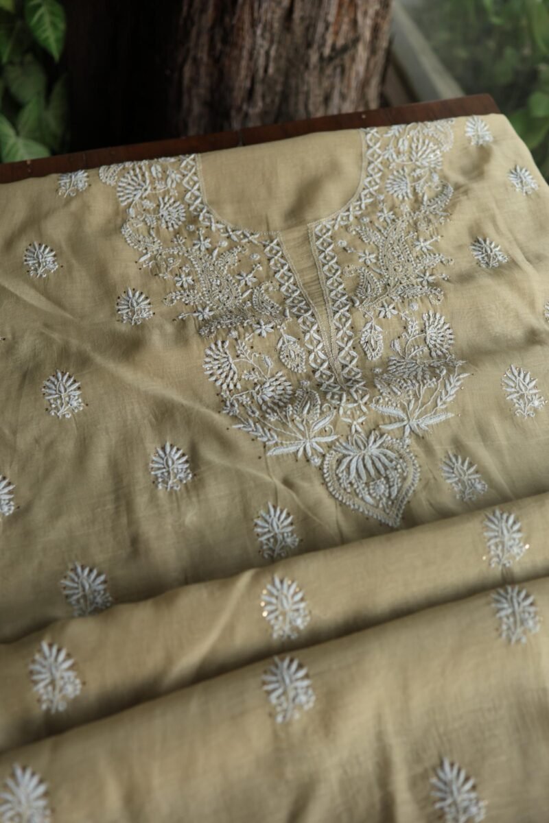 Beige Mal Cotton Chikankari Unstitched Kurta Dupatta Fabrics With Kamdani