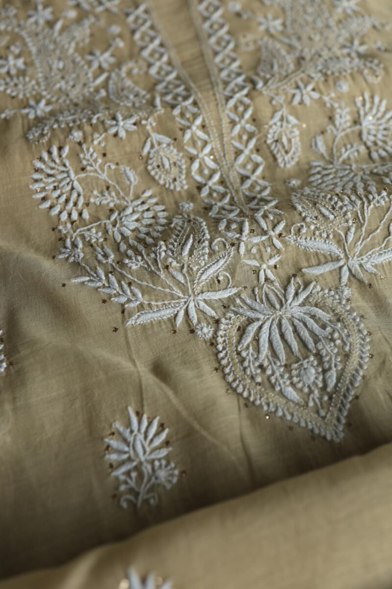 Beige Mal Cotton Chikankari Unstitched Kurta Dupatta Fabrics With Kamdani