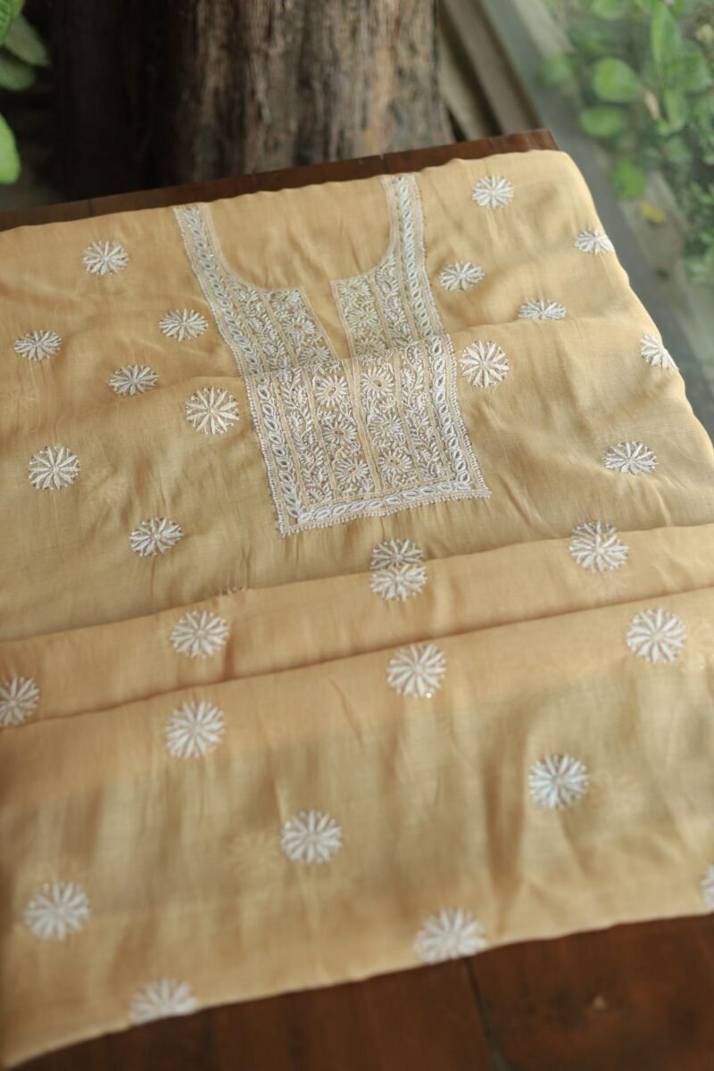 Beige Mal Cotton Chikankari Unstitched Kurta Dupatta Fabrics With Kamdani