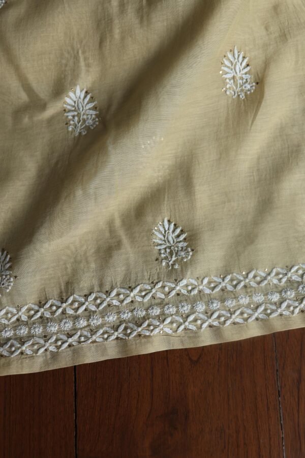 Beige Mal Cotton Chikankari Unstitched Kurta Dupatta Fabrics With Kamdani - Image 7