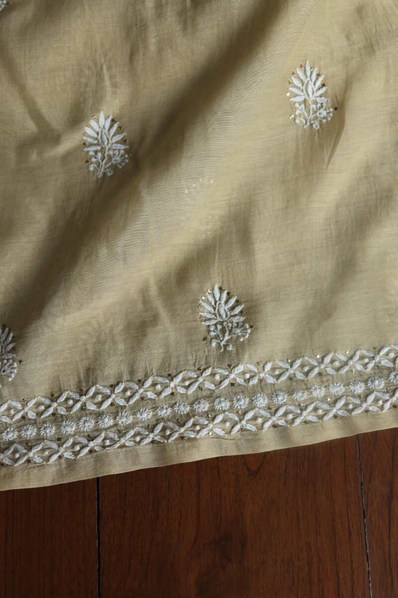 Beige Mal Cotton Chikankari Unstitched Kurta Dupatta Fabrics With Kamdani