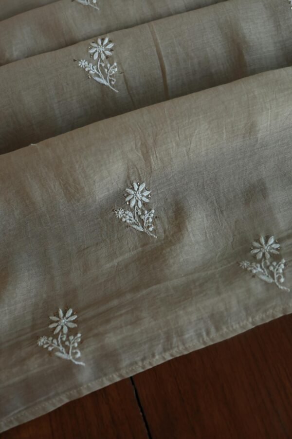 Beige Mal Cotton Chikankari Unstitched Kurta Dupatta Fabrics With Kamdani - Image 13