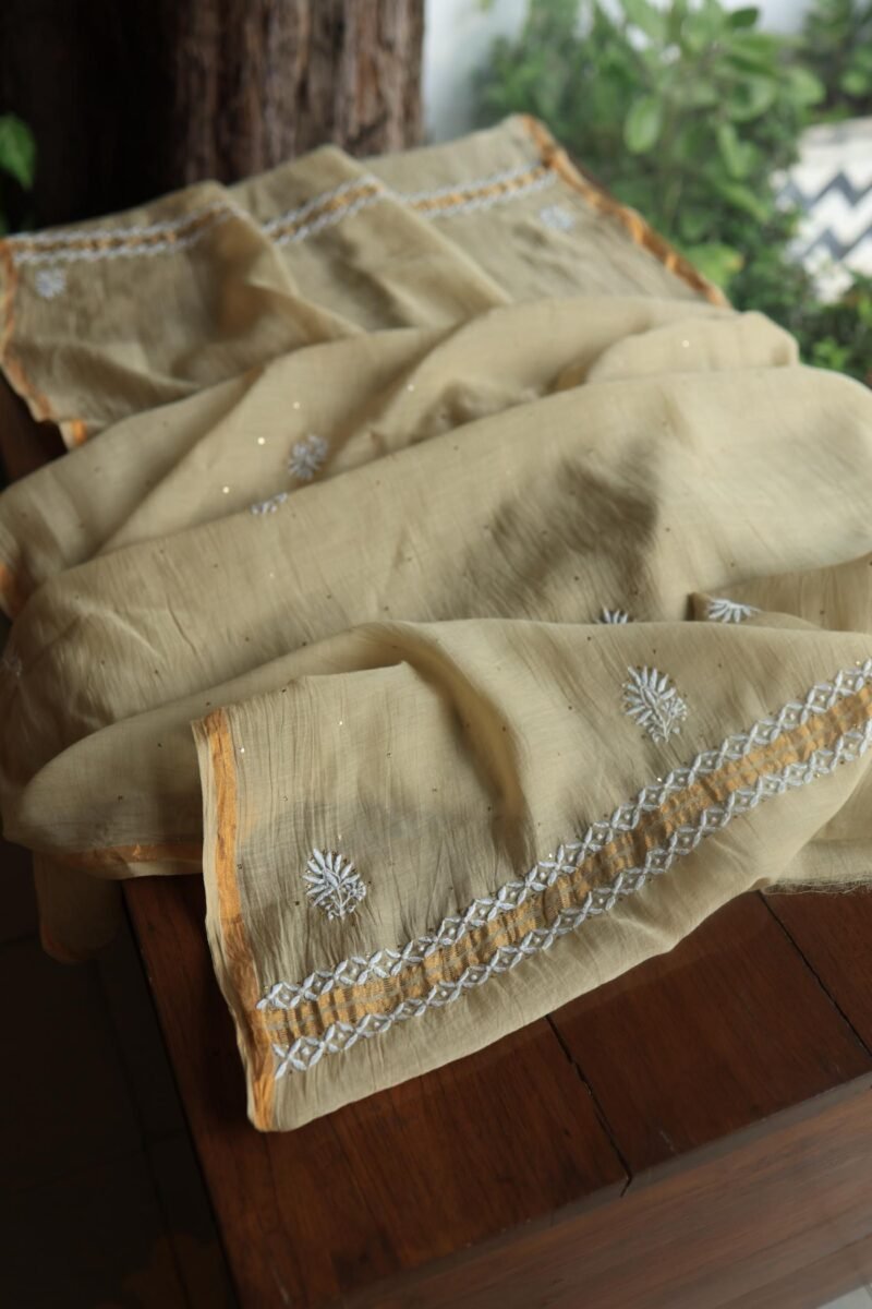 Beige Mal Cotton Chikankari Unstitched Kurta Dupatta Fabrics With Kamdani