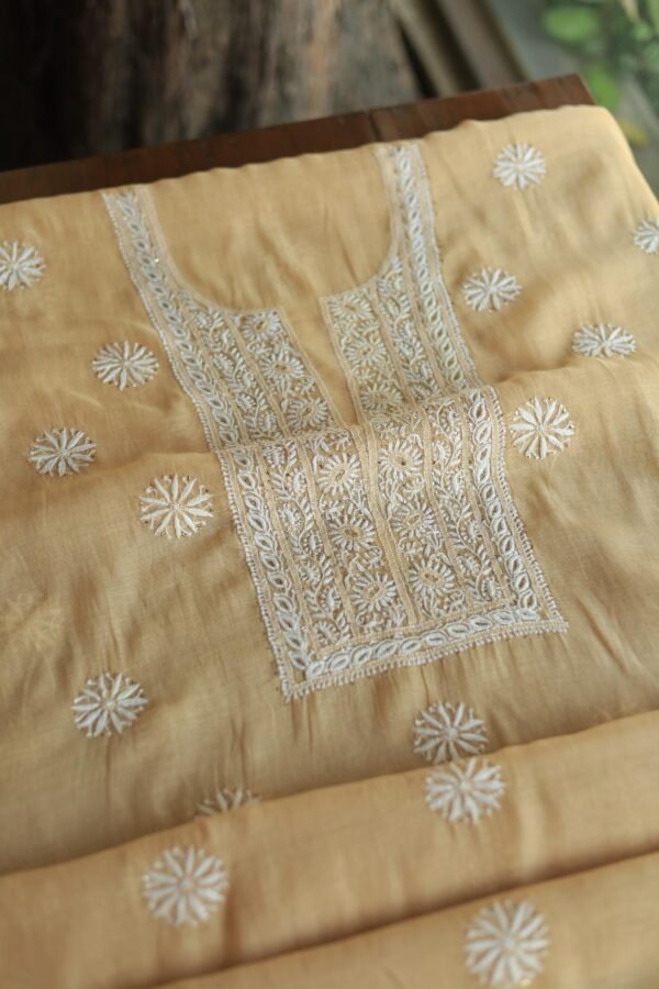 Beige Mal Cotton Chikankari Unstitched Kurta Dupatta Fabrics With Kamdani - Image 7