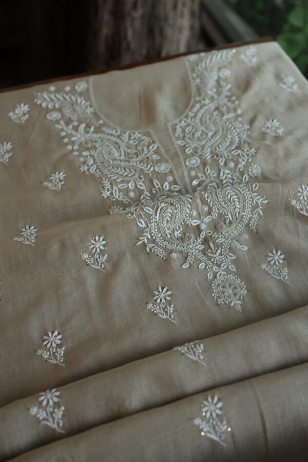 Beige Mal Cotton Chikankari Unstitched Kurta Dupatta Fabrics With Kamdani - Image 4
