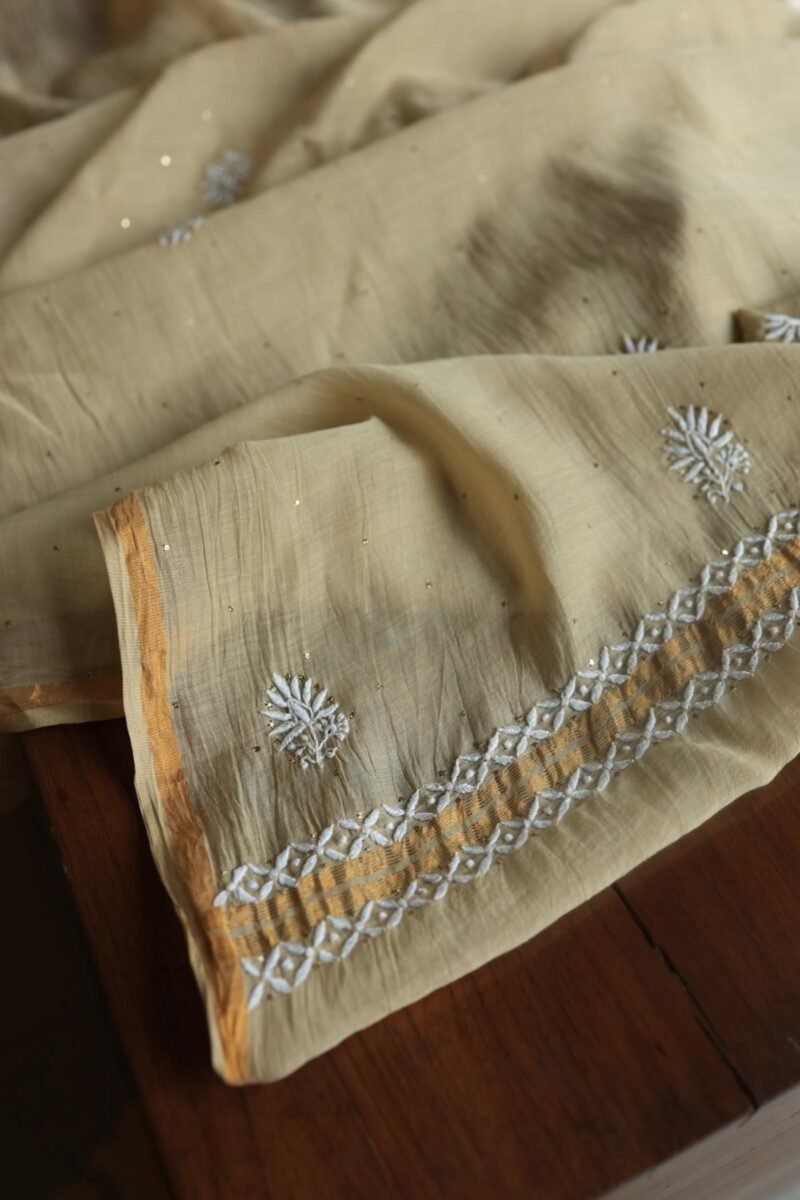 Beige Mal Cotton Chikankari Unstitched Kurta Dupatta Fabrics With Kamdani