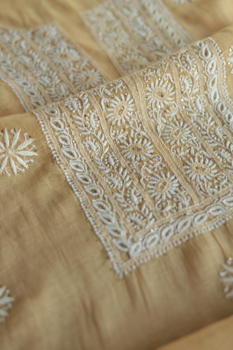 Beige Mal Cotton Chikankari Unstitched Kurta Dupatta Fabrics With Kamdani