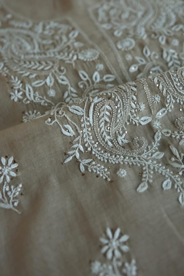 Beige Mal Cotton Chikankari Unstitched Kurta Dupatta Fabrics With Kamdani - Image 5
