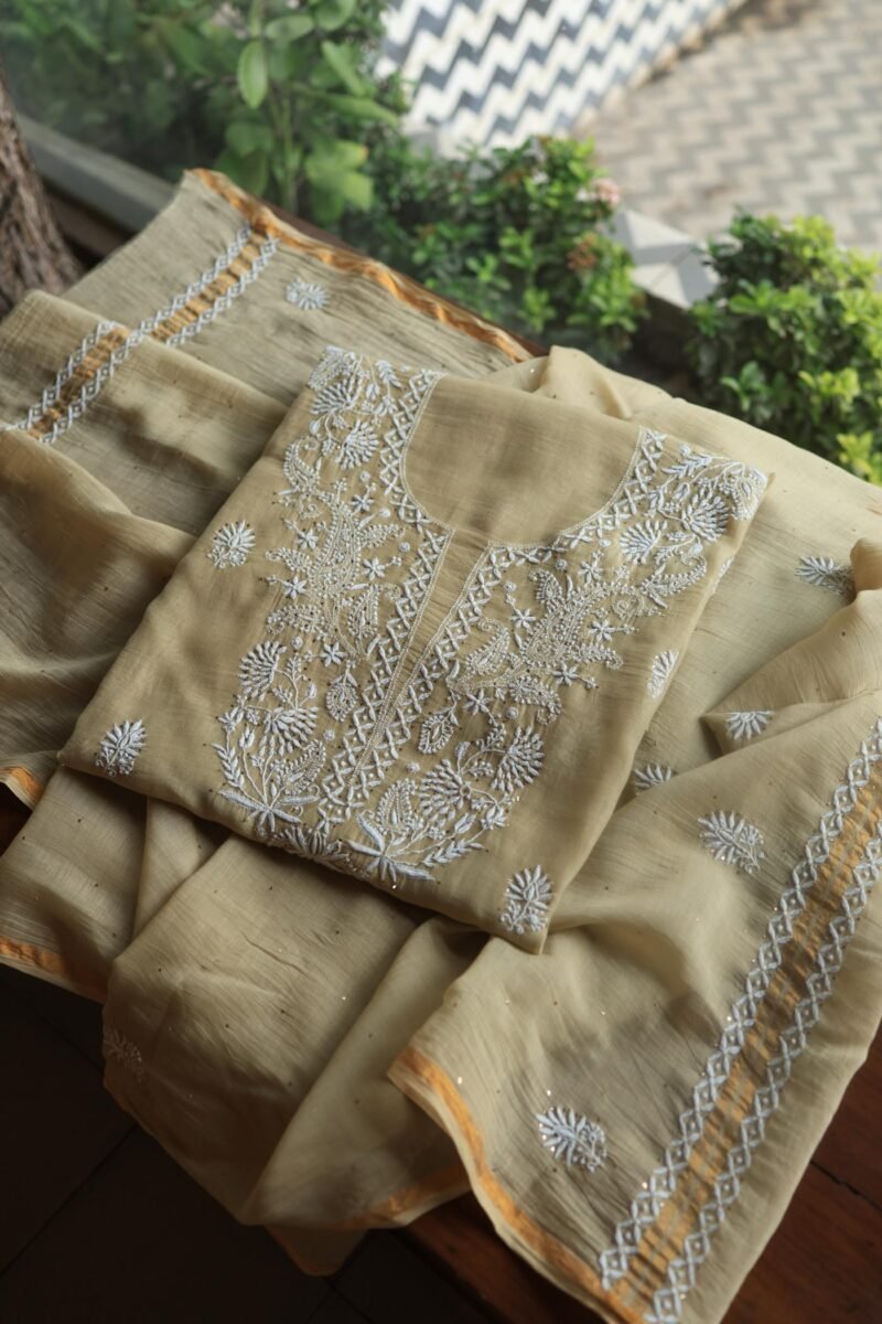 Beige Mal Cotton Chikankari Unstitched Kurta Dupatta Fabrics With Kamdani