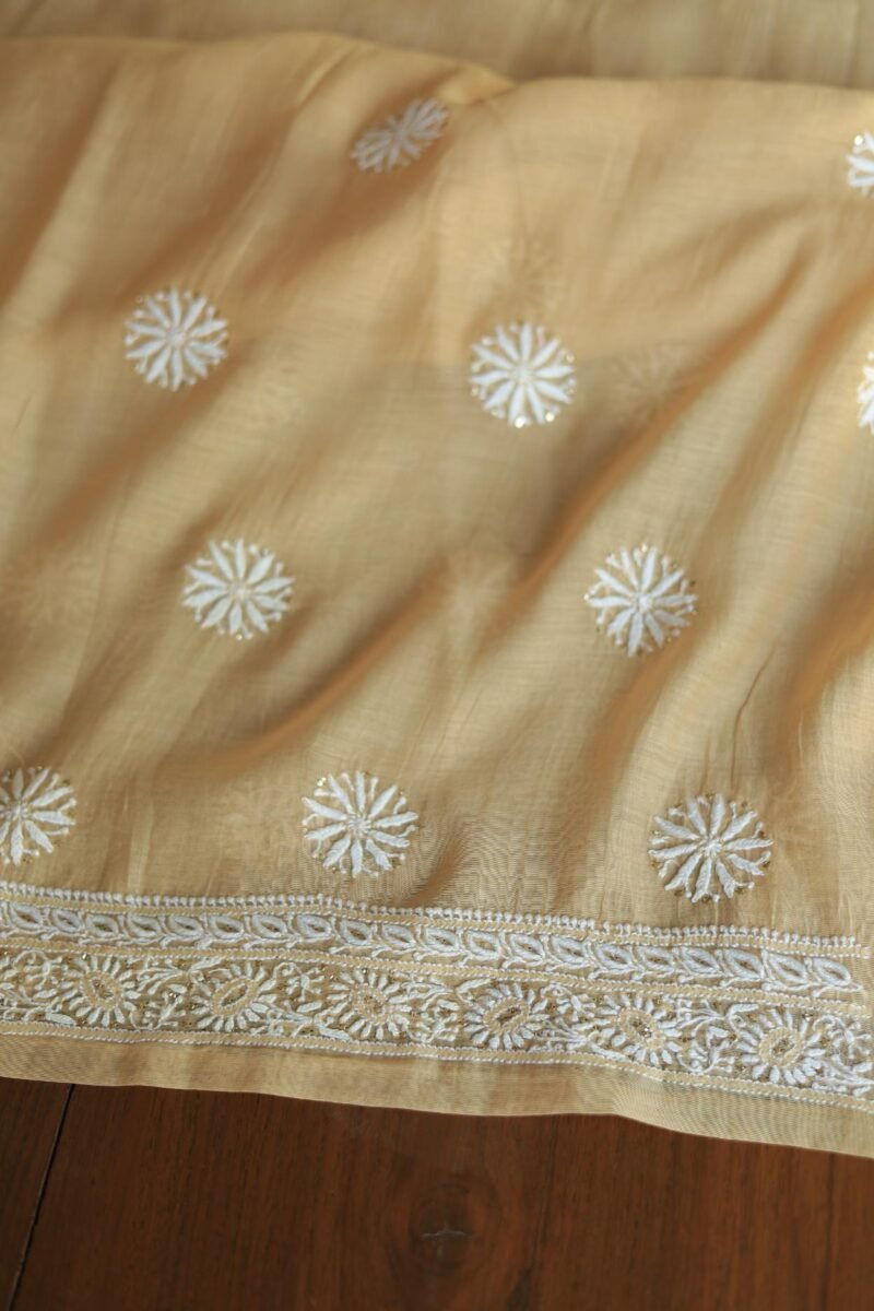 Beige Mal Cotton Chikankari Unstitched Kurta Dupatta Fabrics With Kamdani