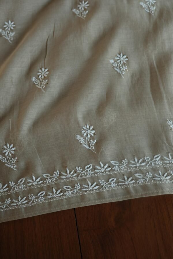 Beige Mal Cotton Chikankari Unstitched Kurta Dupatta Fabrics With Kamdani - Image 8