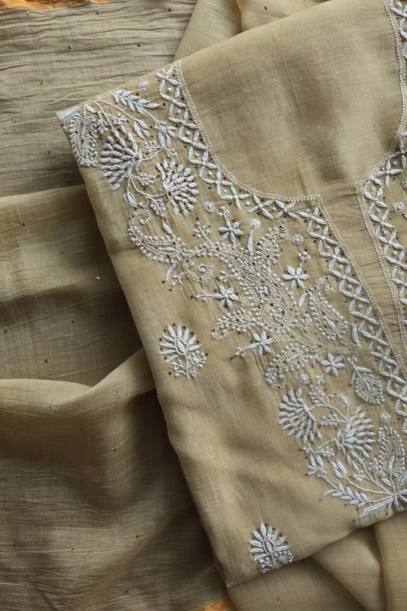 Beige Mal Cotton Chikankari Unstitched Kurta Dupatta Fabrics With Kamdani