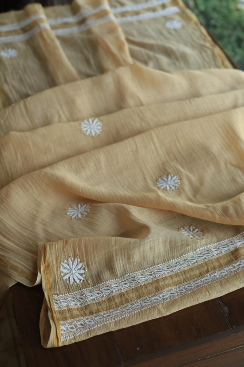 Beige Mal Cotton Chikankari Unstitched Kurta Dupatta Fabrics With Kamdani