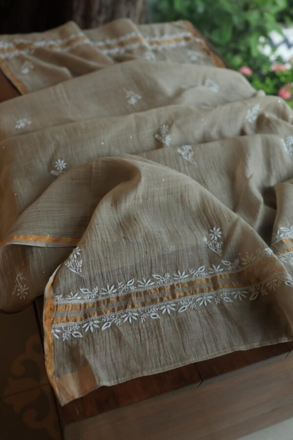 Beige Mal Cotton Chikankari Unstitched Kurta Dupatta Fabrics With Kamdani - Image 9