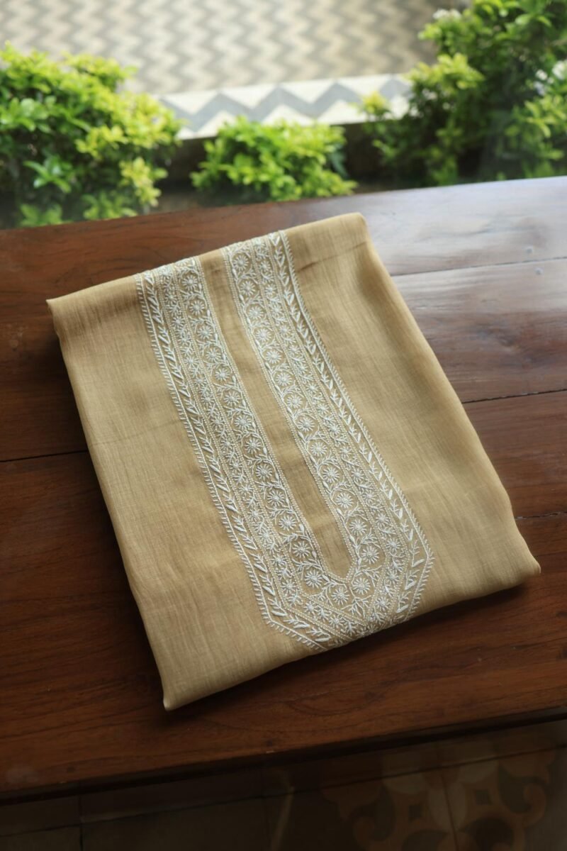 Beige Malmal Chikankari Unstitched Men's Kurtas Fabrics