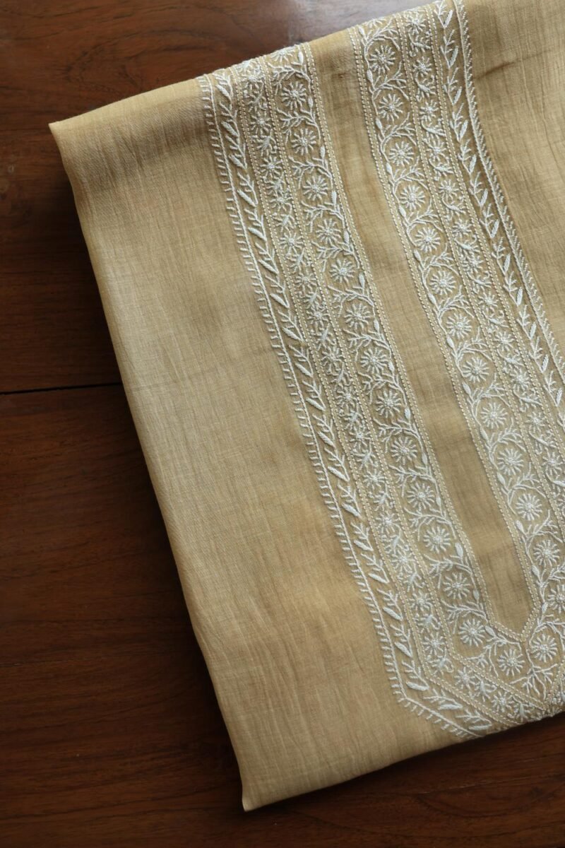 Beige Malmal Chikankari Unstitched Men's Kurtas Fabrics