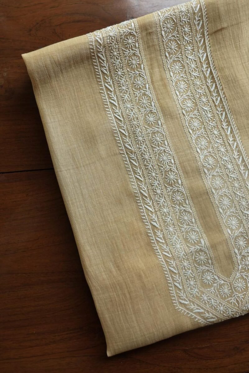 Beige Malmal Chikankari Unstitched Men's Kurtas Fabrics