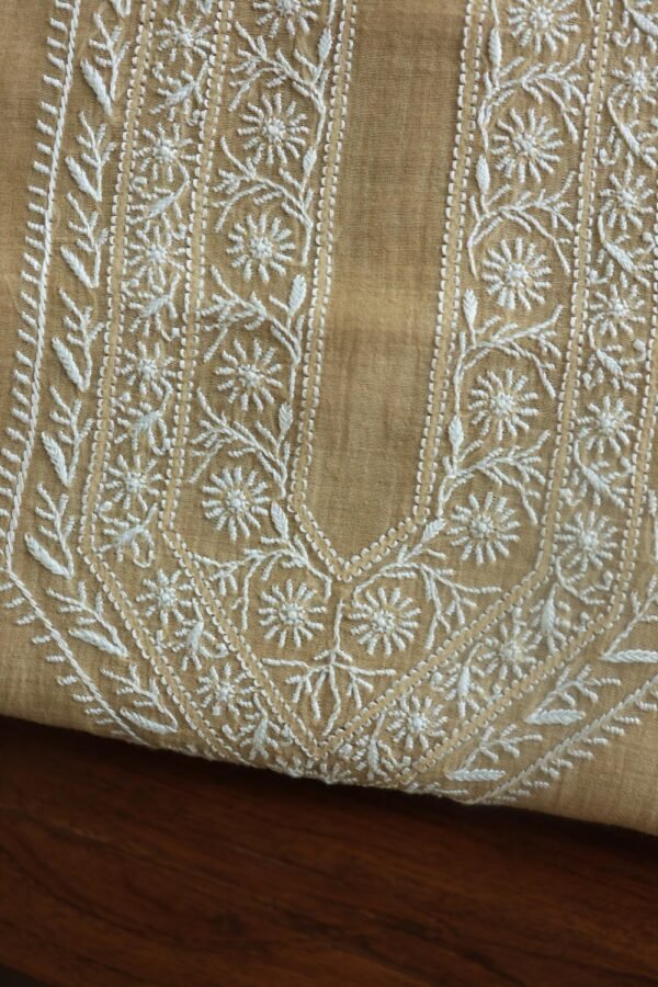Beige Malmal Chikankari Unstitched Men's Kurtas Fabrics - Image 5