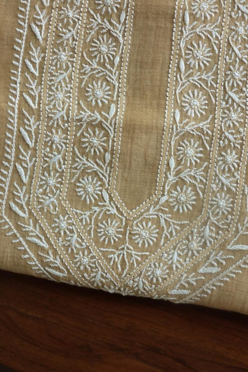 Beige Malmal Chikankari Unstitched Men's Kurtas Fabrics