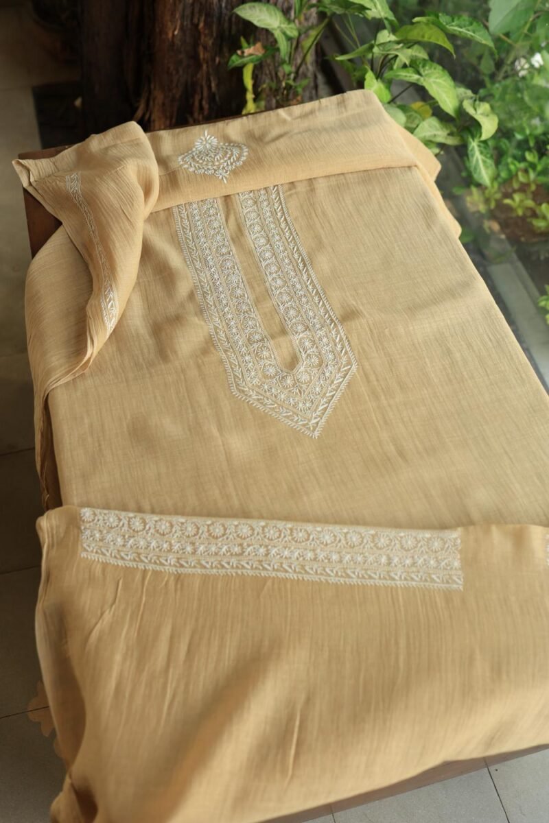 Beige Malmal Chikankari Unstitched Men's Kurtas Fabrics