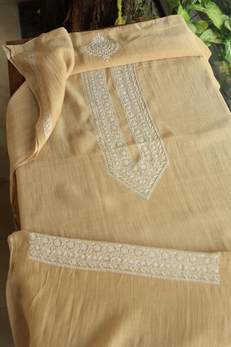Beige Malmal Chikankari Unstitched Men's Kurtas Fabrics