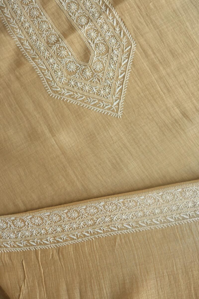 Beige Malmal Chikankari Unstitched Men's Kurtas Fabrics