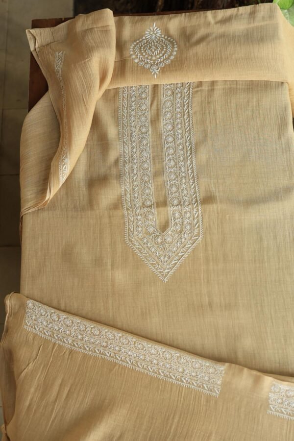 Beige Malmal Chikankari Unstitched Men's Kurtas Fabrics - Image 9