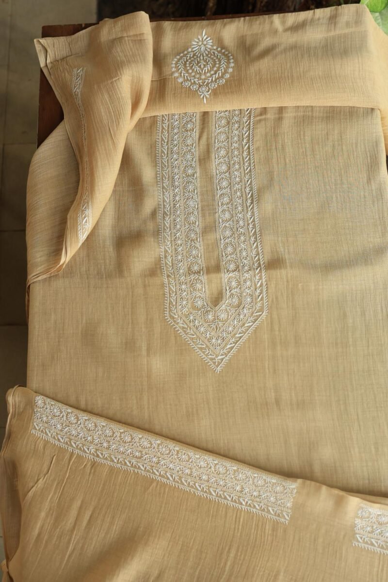 Beige Malmal Chikankari Unstitched Men's Kurtas Fabrics