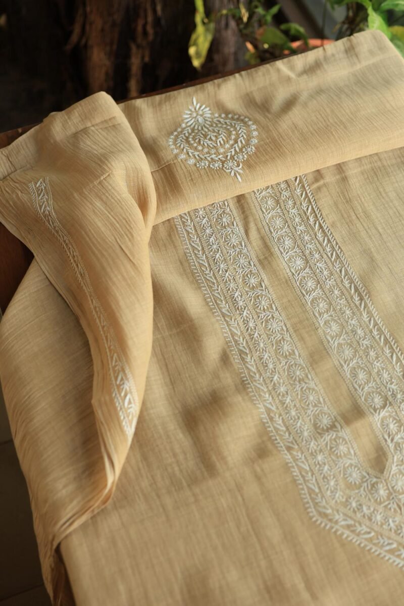 Beige Malmal Chikankari Unstitched Men's Kurtas Fabrics