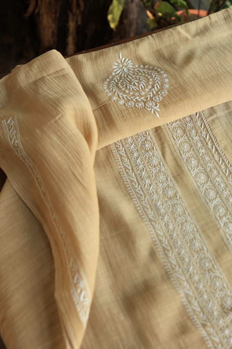 Beige Malmal Chikankari Unstitched Men's Kurtas Fabrics
