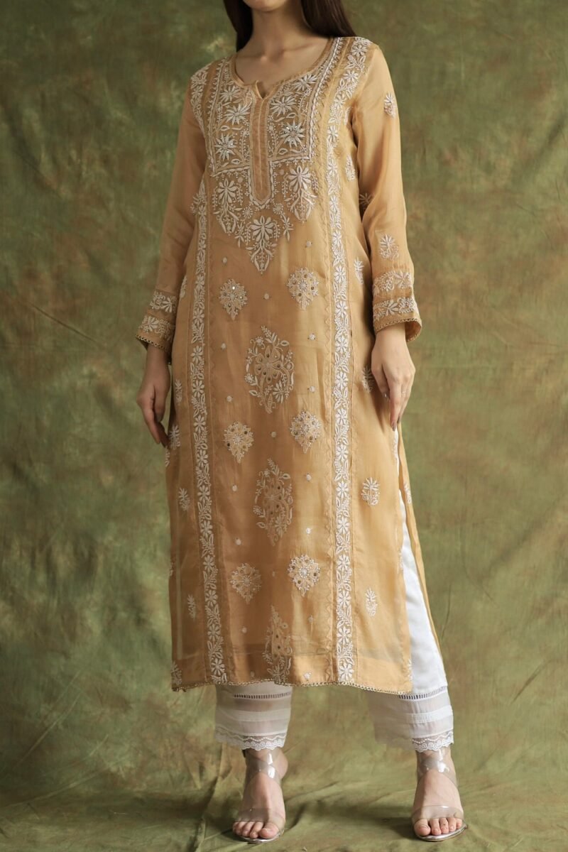 Beige Noor Organza Applique Chikankari Mukaish Kurta Dupatta Set