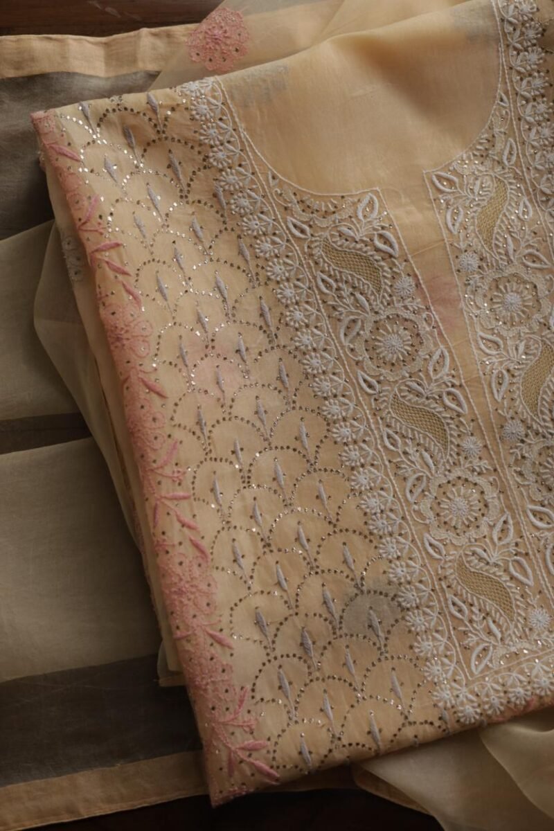 Beige Noor Organza Silk Chikankari With Mukaish Kamdani Fabric