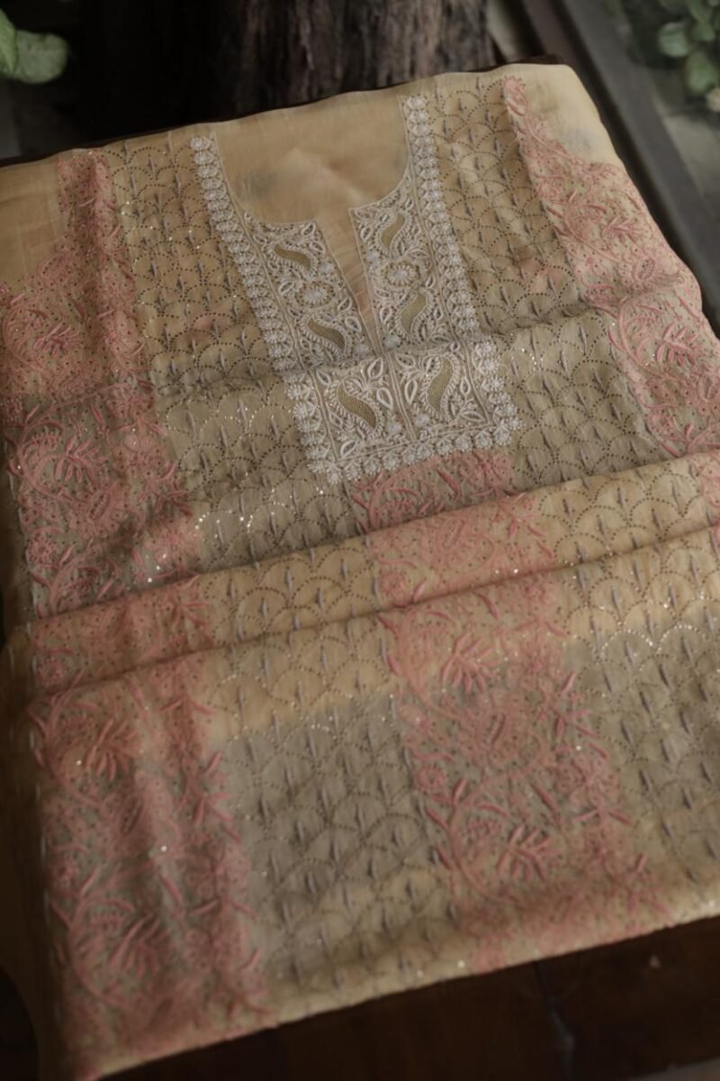 Beige Noor Organza Silk Chikankari With Mukaish Kamdani Fabric