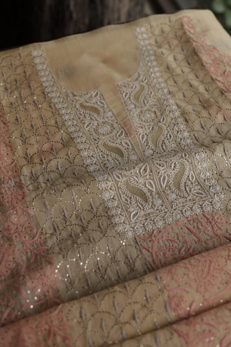 Beige Noor Organza Silk Chikankari With Mukaish Kamdani Fabric